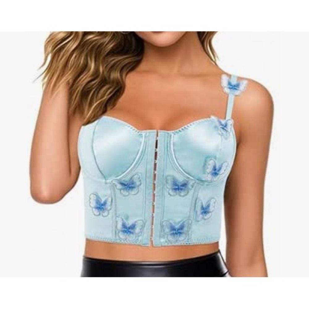 Light Blue 3D Butterfly Satin Corset Bustier Hook Crop Top Sexy XS Fairycore Y2K